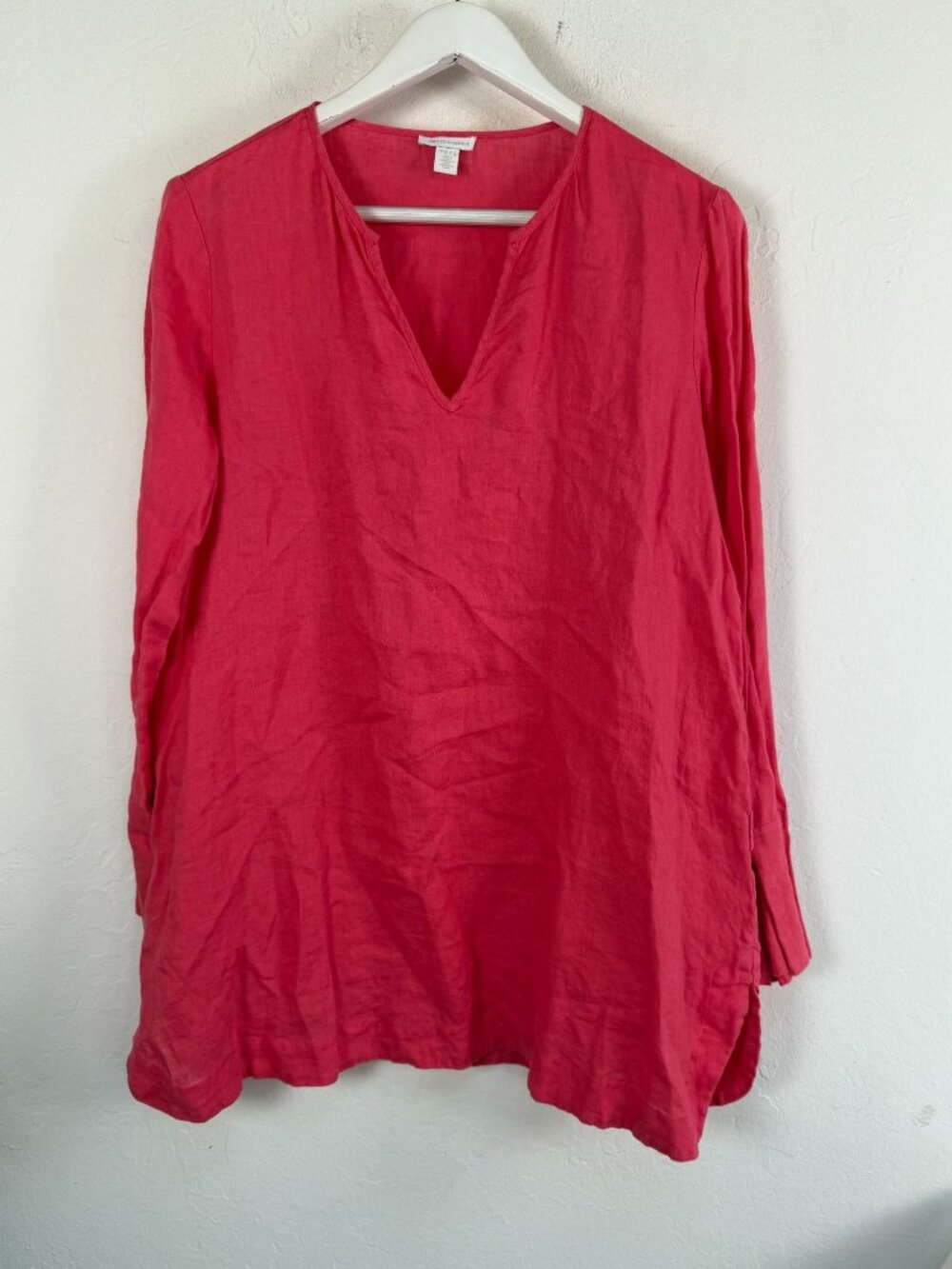 Saks Fifth Avenue Linen Tunic Blouse Coral Pink V-Neck Popover Side Slit Lage